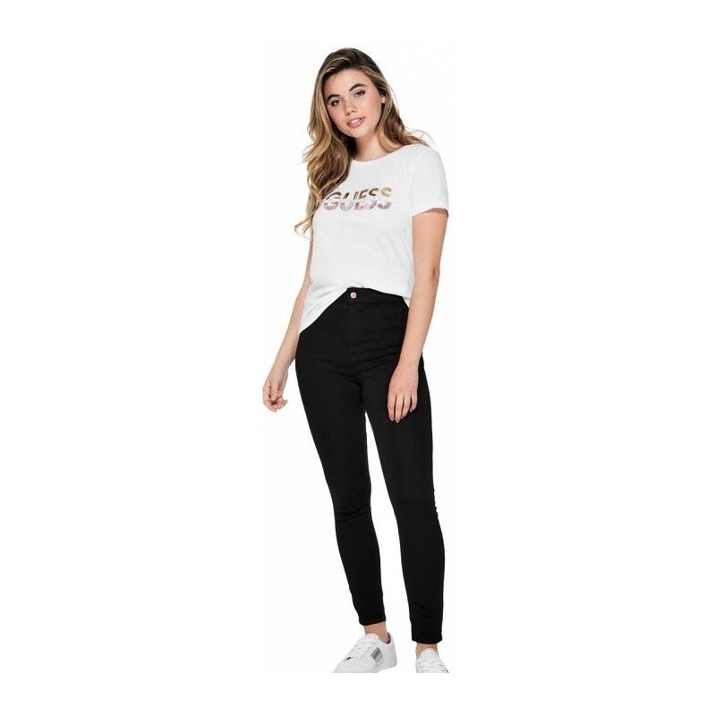 Guess totální doprodej dámské tričko Huger Split Logo Crew bílé