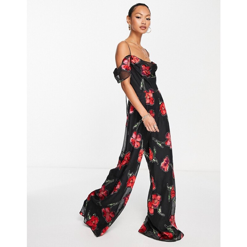 ASOS DESIGN cowl neck wide leg jumpsuit in floral burnout-Multi 100042907