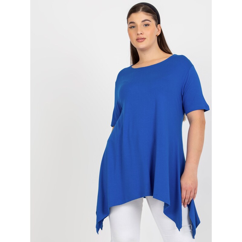 Fashionhunters Tmavě modrá jednobarevná halenka plus size s krátkým rukávem