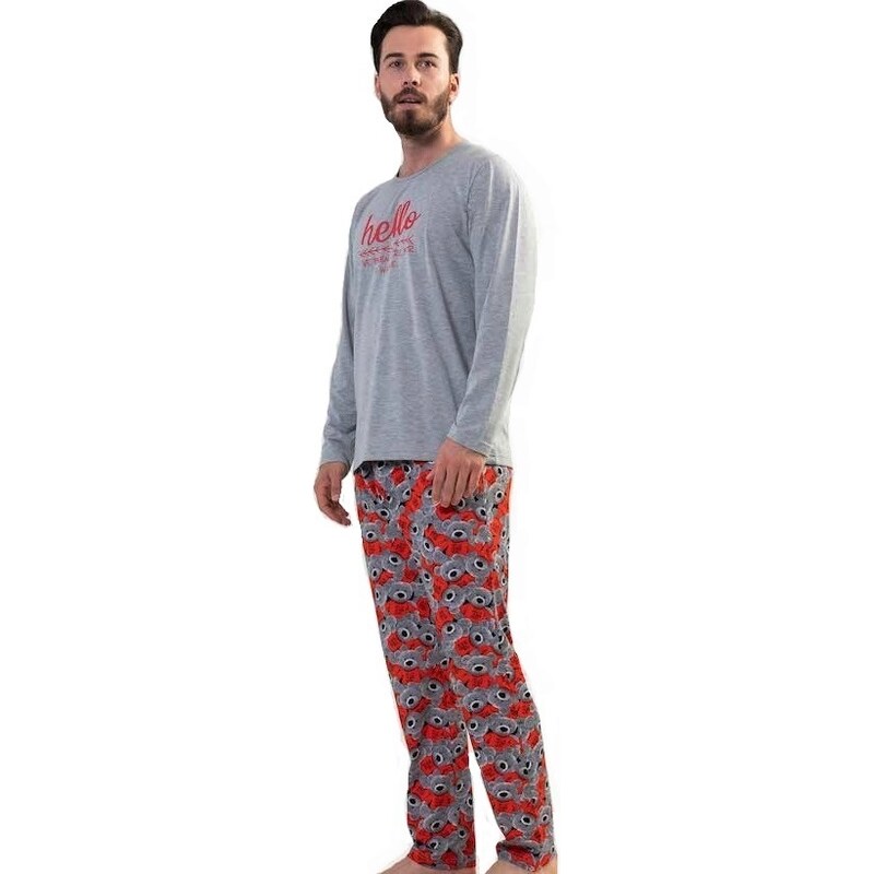 Naspani Šedočervené pyžamo pro muže, Plyšový medvídci Hello