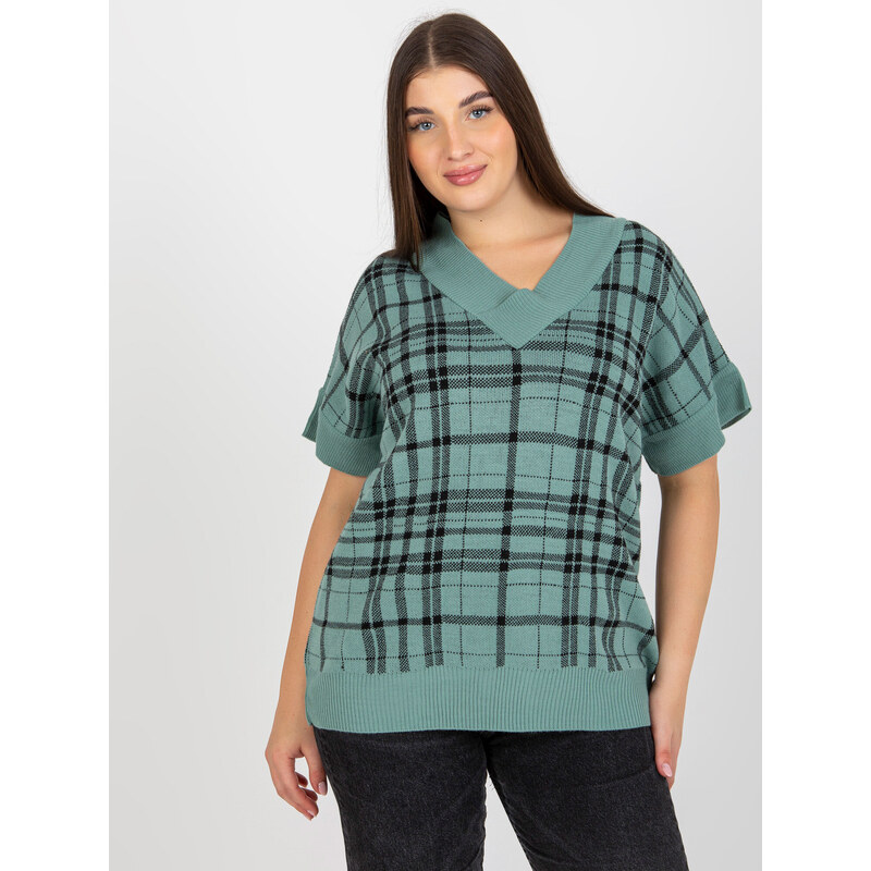 Fashionhunters Mint pletená plus size vesta v kostce