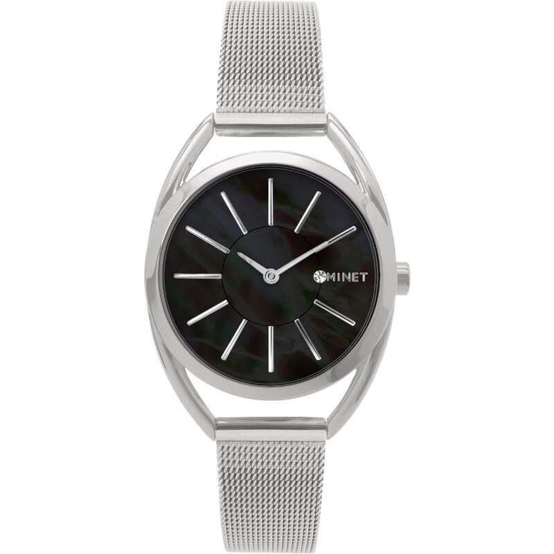 MINET Náramkové stříbrno-černé dámské hodinky ICON BLACK PEARL MESH 75153218
