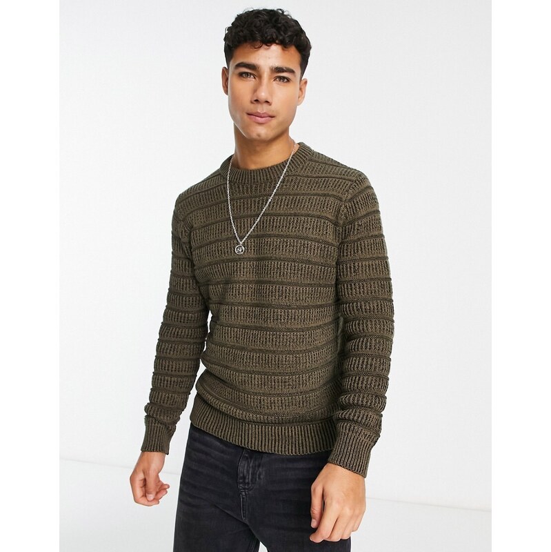 Only & Sons textured ribbed knitted jumper in khaki-Green