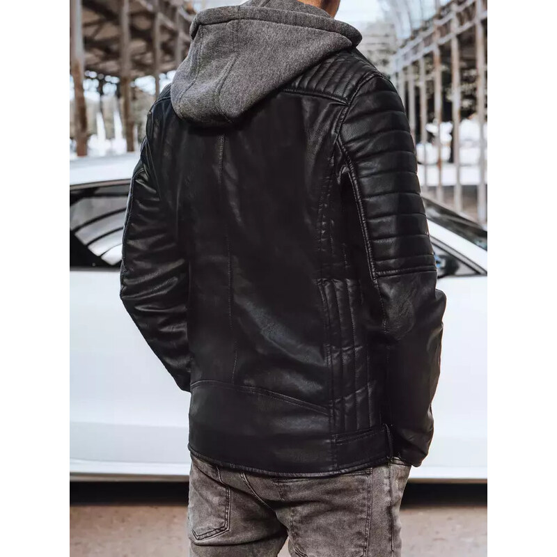 BASIC Černá koženková bunda s kapucí