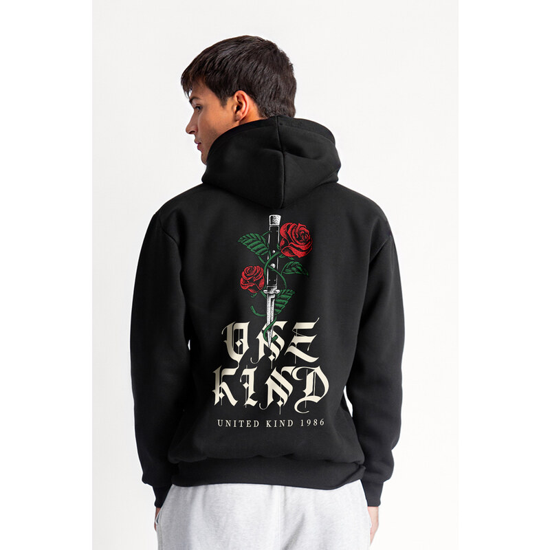 Mikina s Kapucí, Barva Černá, s Potiskem Rose Dagger