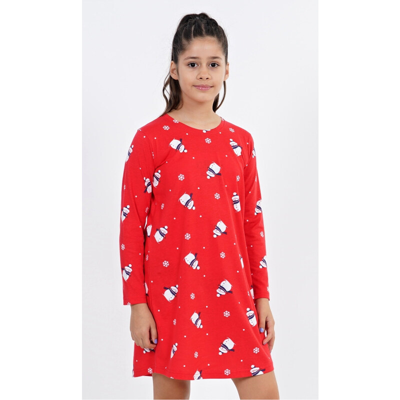 Vienetta Secret Dětská noční košile s dlouhým rukávem Sněhuláci, barva červená, 100% bavlna