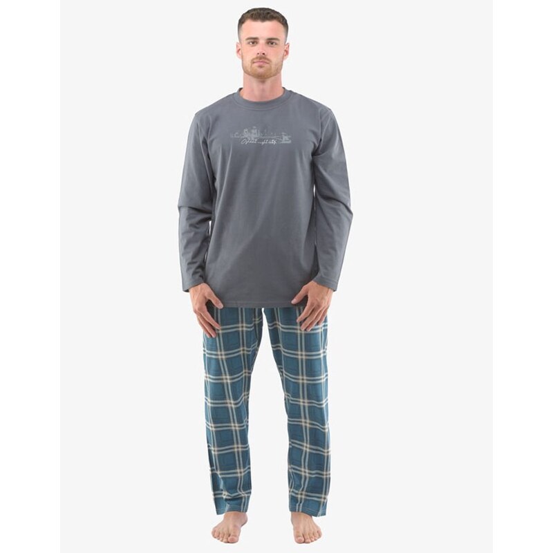 GINA Pánské dlouhé pyžamo s potiskem 79133P - tm. šedá, petrolejová