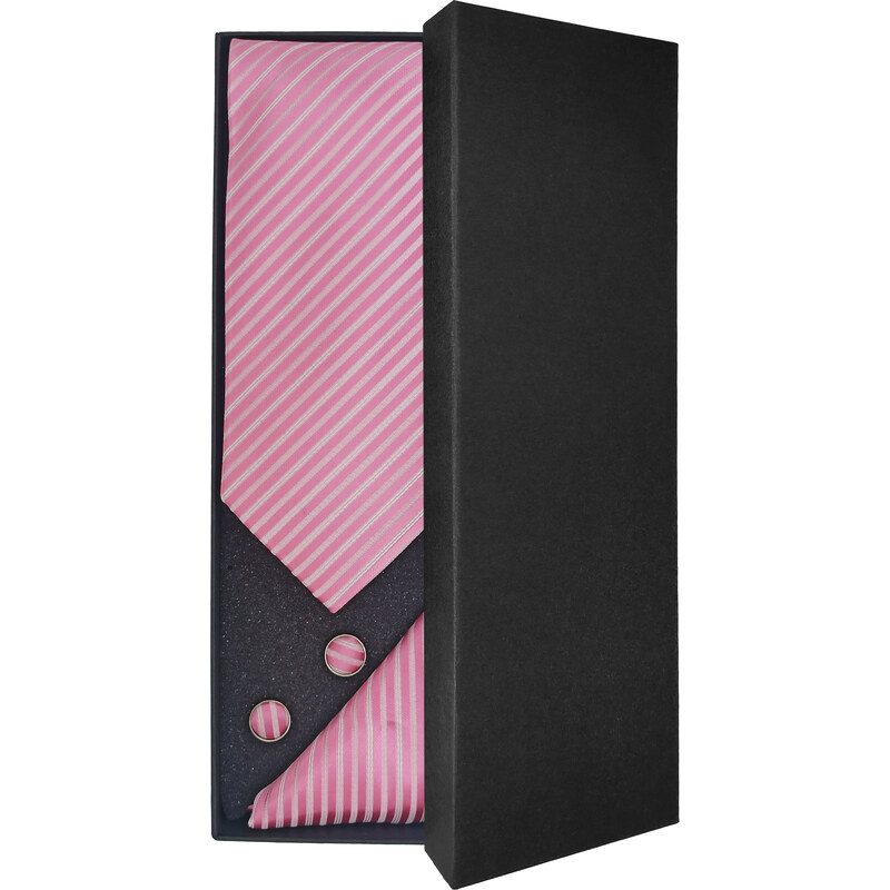 Světle růžová pánská kravata s bílými proužky – Dárková sada