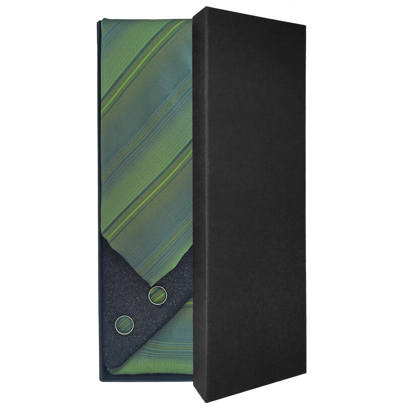 Zelená pánská kravata s proužky – Dárková sada