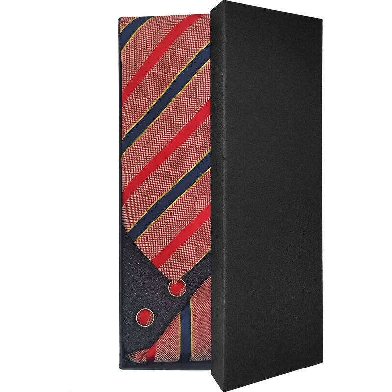 Kostičkovaná pánská kravata s červenými a černými pruhy – Dárková sada