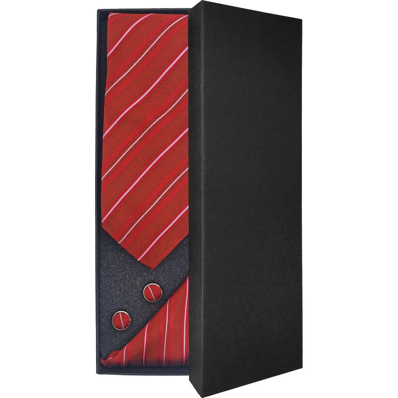 Červená proužkovaná pánská kravata – Dárková sada