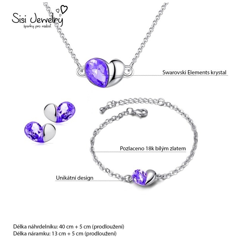 Sisi Jewelry Souprava náhrdelníku, náušnic a náramku Heart Ametyst - srdíčko