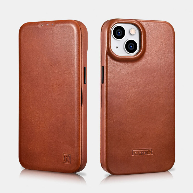 Knížkové pouzdro pro iPhone 14 - iCarer, Curved Edge MagSafe Brown