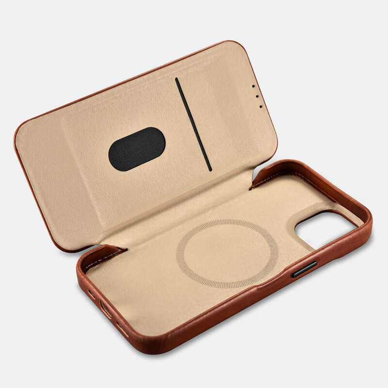 Knížkové pouzdro pro iPhone 14 PLUS - iCarer, Curved Edge MagSafe Brown