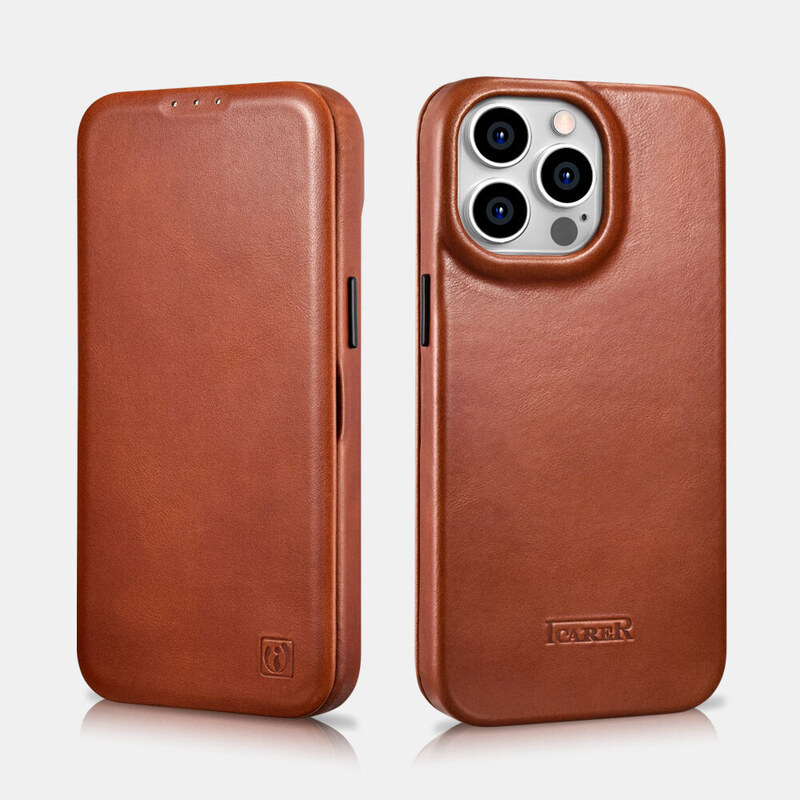 Knížkové pouzdro pro iPhone 14 Pro - iCarer, Curved Edge MagSafe Brown