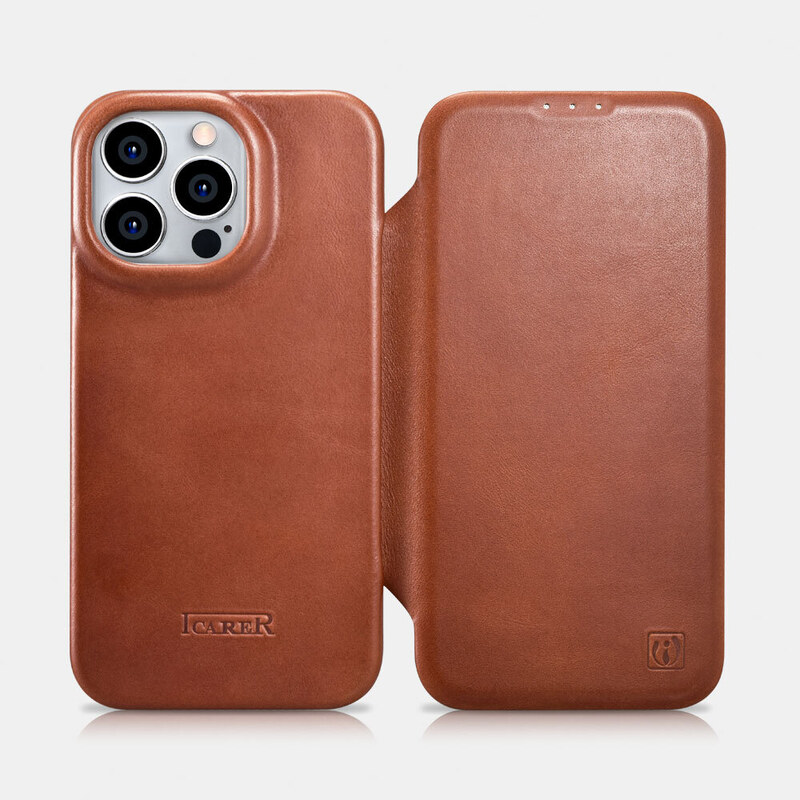 Knížkové pouzdro pro iPhone 14 Pro MAX - iCarer, Curved Edge MagSafe Brown