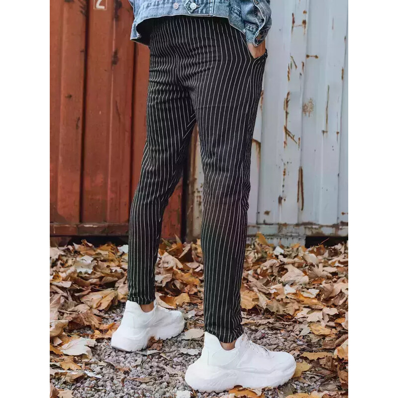 BASIC Tmavě šedé pruhované pánské kalhoty Pruhovaný vzor
