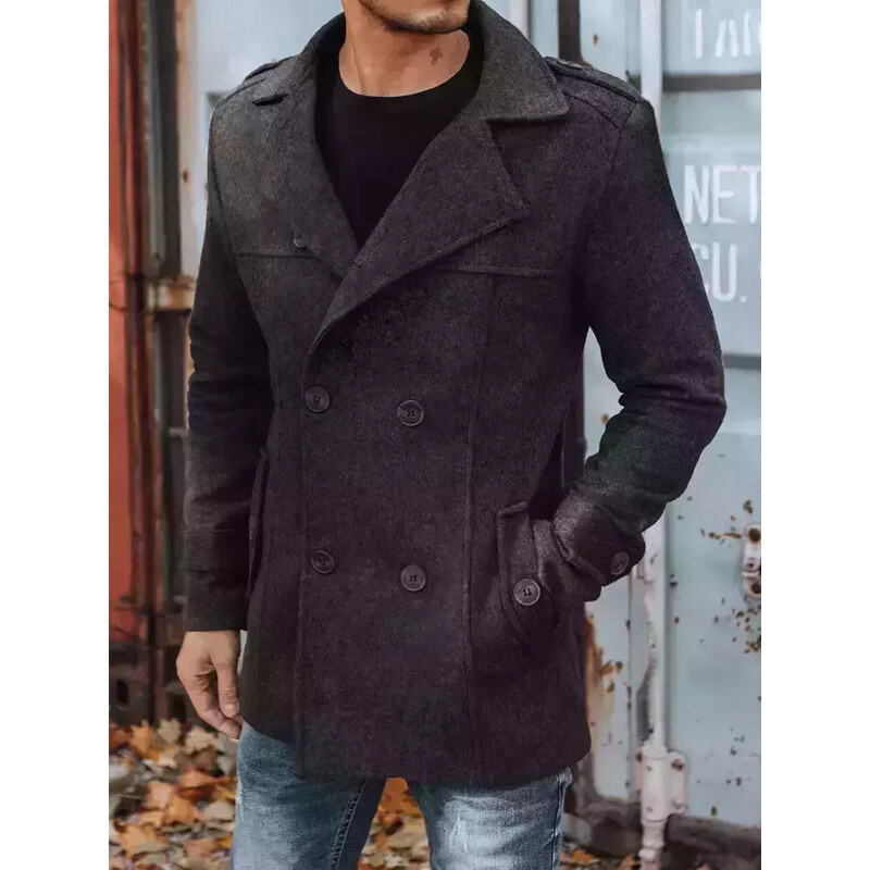 BASIC Tmavě šedý pánský dvouřadý kabát Šedá