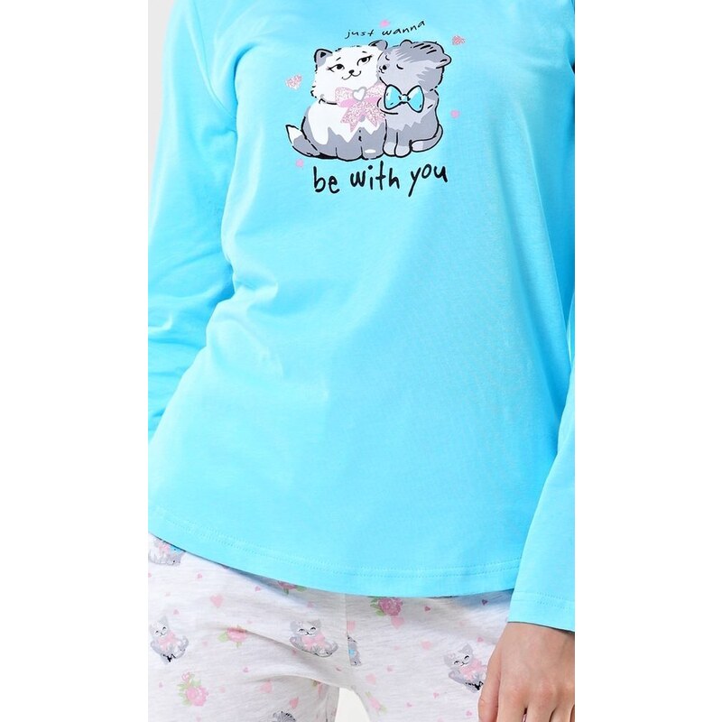 Vienetta Secret Dámské pyžamo dlouhé Koťata - azurová