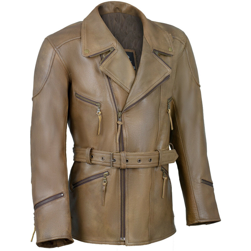 Pánský kožený 3/4 kabát Vintage Tan křivák s kapsami na chrániče - S / s chrániči +490,-Kč