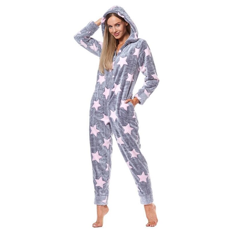 L&L Dámský soft overal Ellie šedý s růžovými hvězdami 113431222