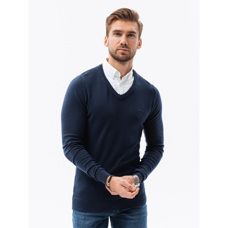 Ombre Clothing Pánský svetr s bílým límcem - tmavě modrý V2 E120