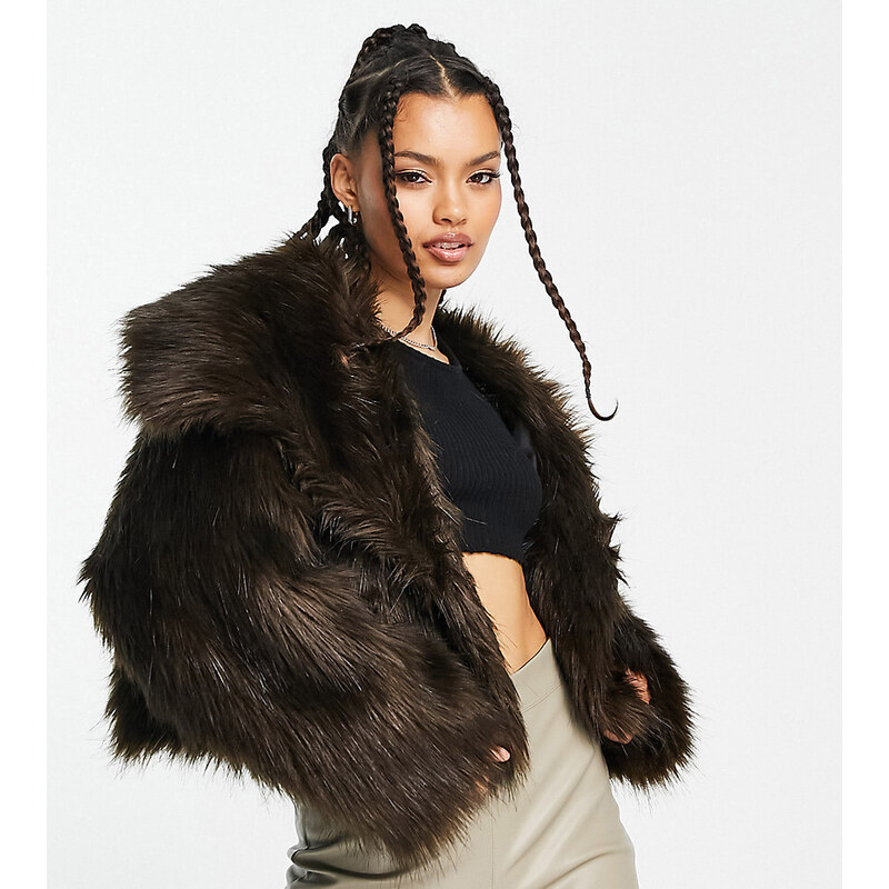 ASOS Petite ASOS DESIGN Petite crop collared faux fur jacket in brown 115188332