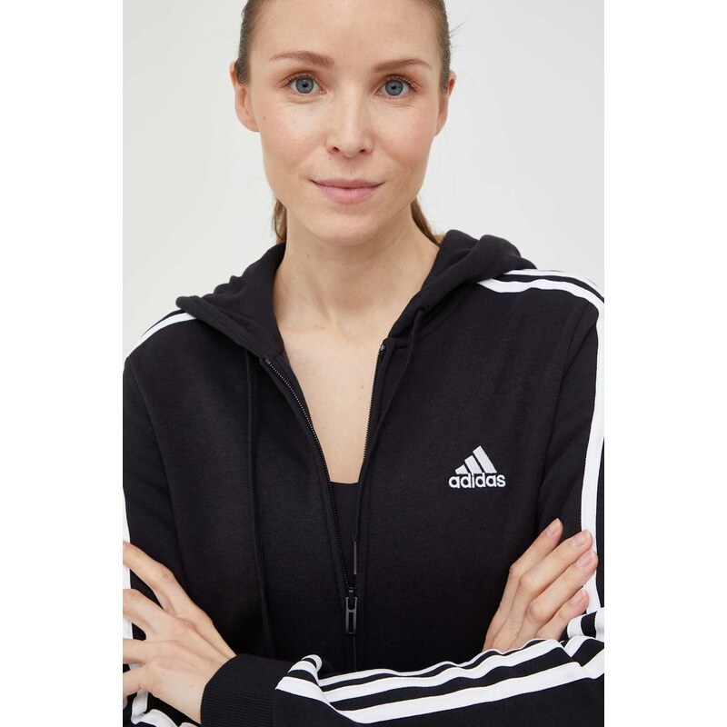 Mikina adidas dámská, černá barva, s kapucí, s aplikací