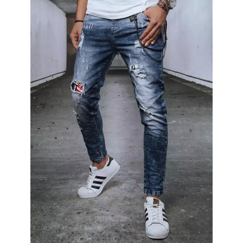 BASIC Tmavě modré děrované džíny se vsadkami Denim vzor