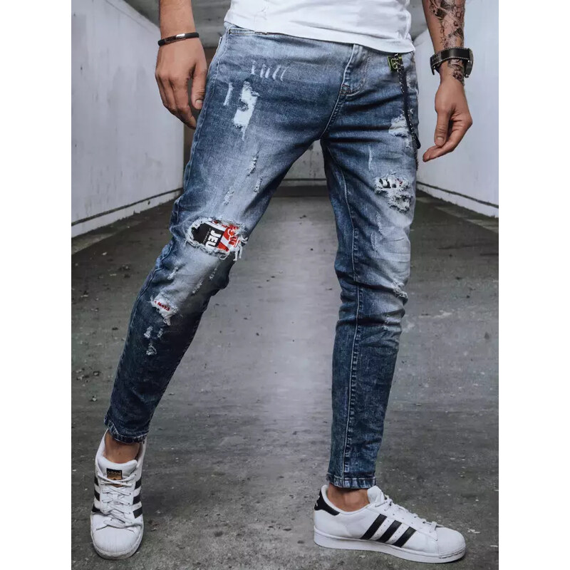 BASIC Tmavě modré děrované džíny se vsadkami Denim vzor