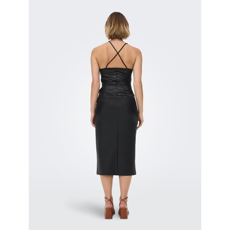 Černé dámské koženkové šaty na ramínka s rozparky ONLY Rina - Dámské