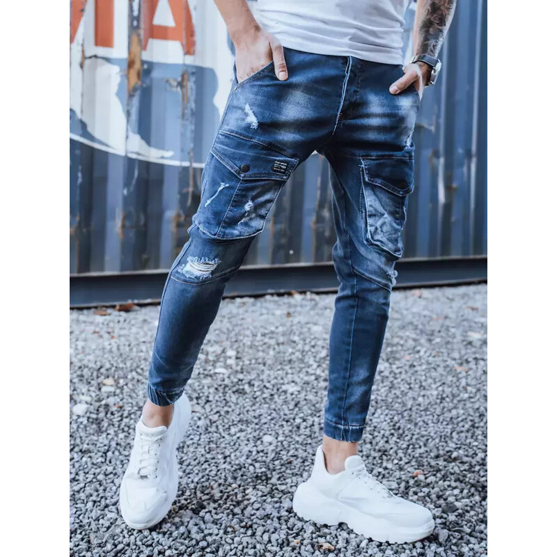 BASIC TMAVĚ MODRÉ DŽÍNY S KAPSAMI NAD KOLENY Denim vzor