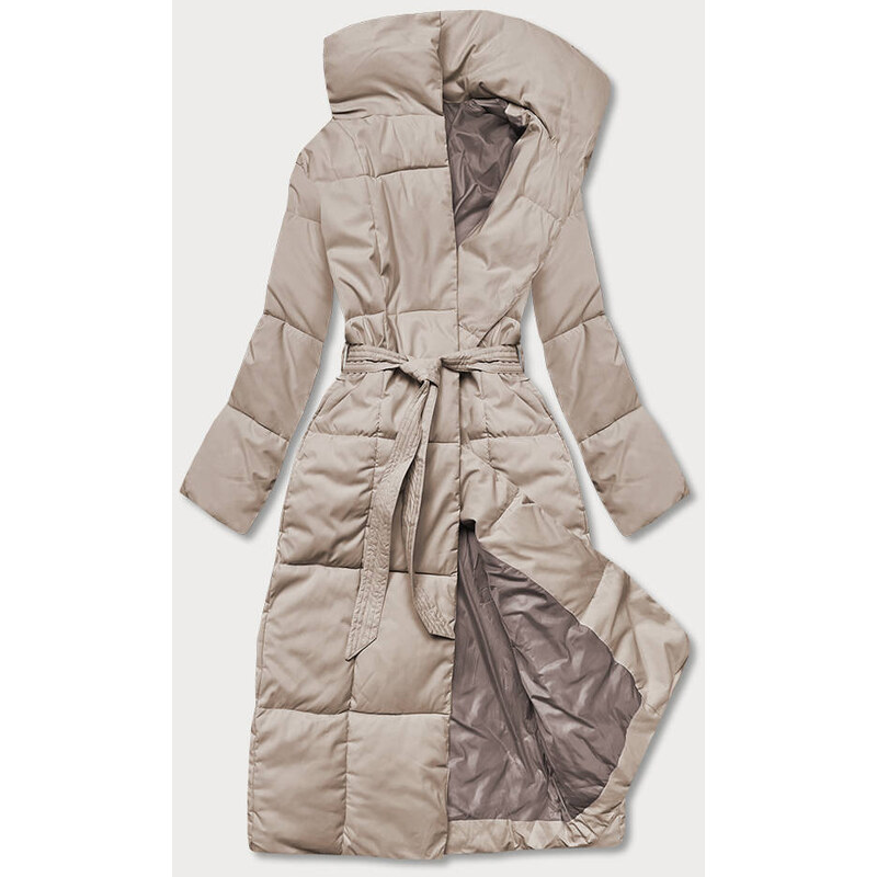 LHD Světle béžový zimní dámský kabát s páskem (2M-061)