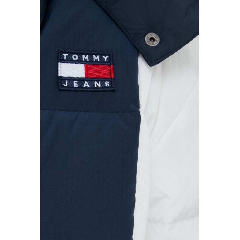 Péřová bunda Tommy Jeans dámská, tmavomodrá barva, zimní