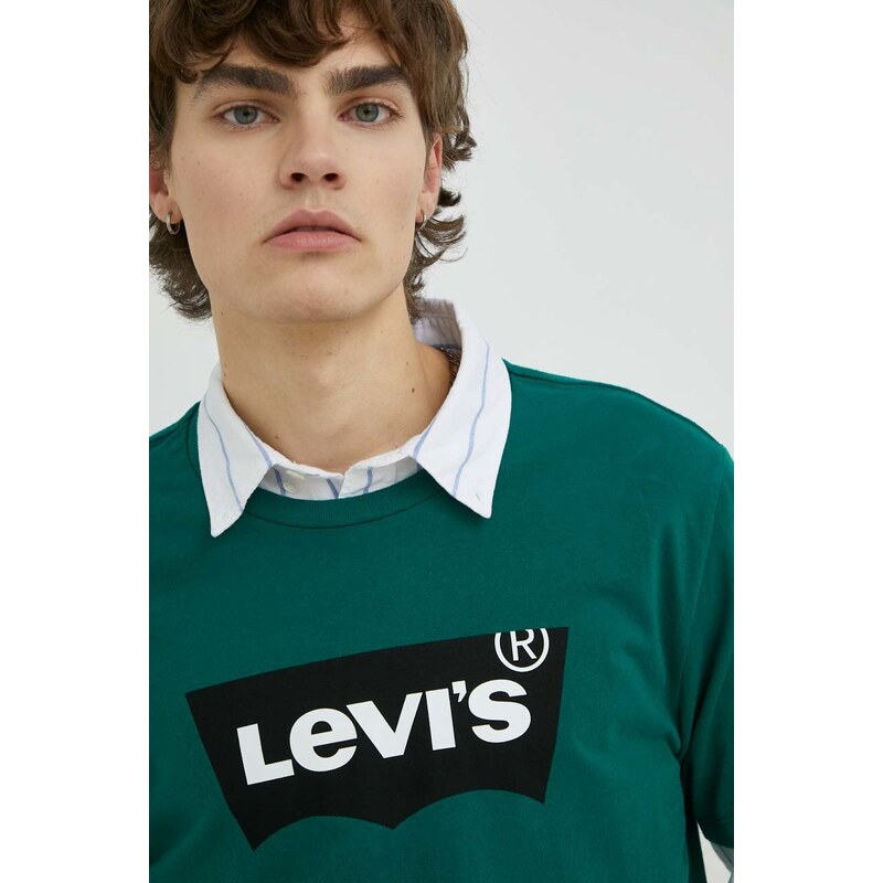 Bavlněné tričko Levi's , zelená barva, s potiskem