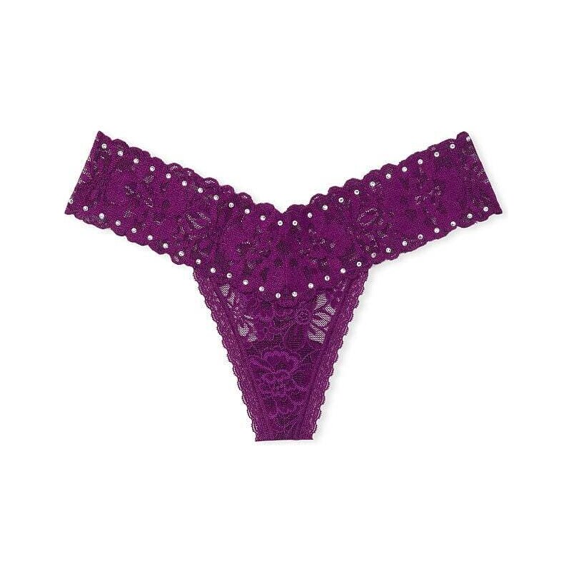 Victoria's Secret Krajkové kalhotky tanga s kamínky Embellished Lace Thong Panty Grape