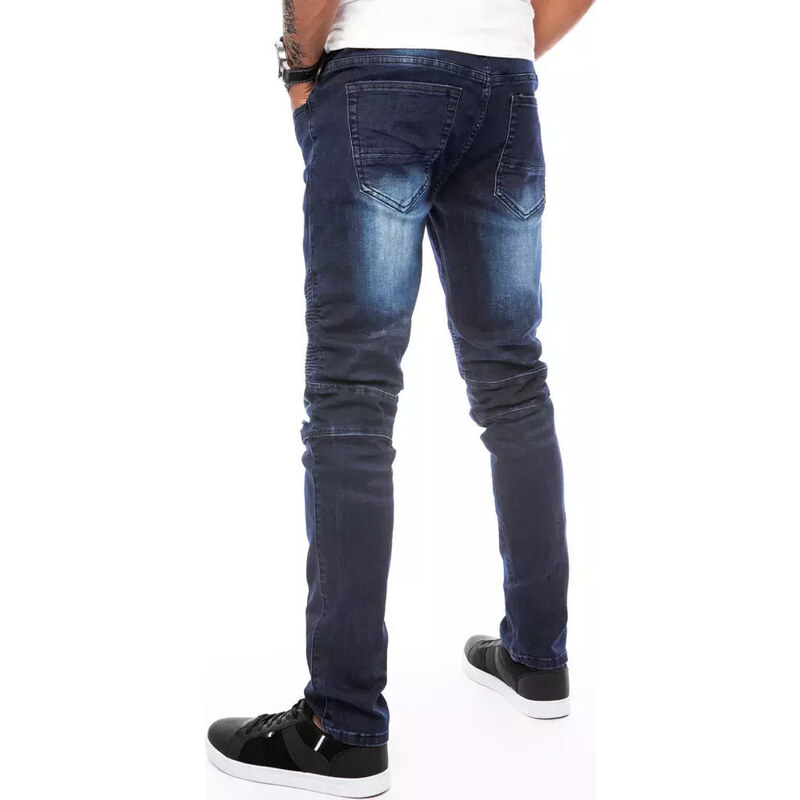 BASIC Tmavě modré džíny se stylovým prošíváním Denim vzor