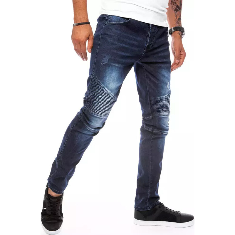 BASIC Tmavě modré džíny se stylovým prošíváním Denim vzor