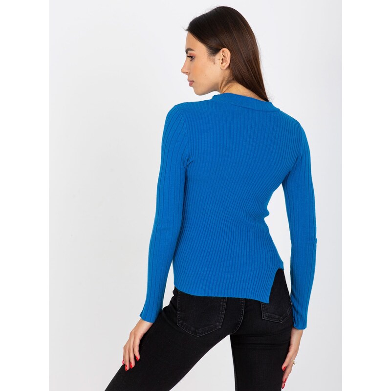 Fashionhunters Tmavě modrý dámský asymetrický pruhovaný svetr