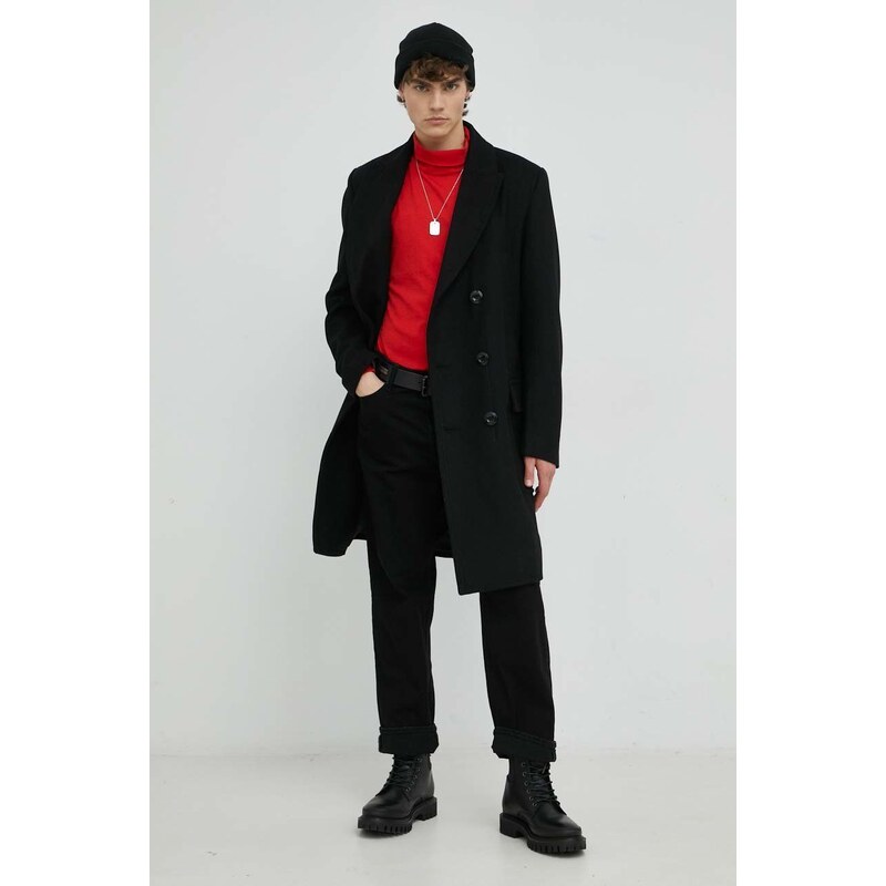 Vlněný kabát G-Star Raw černá barva, přechodný, dvouřadový