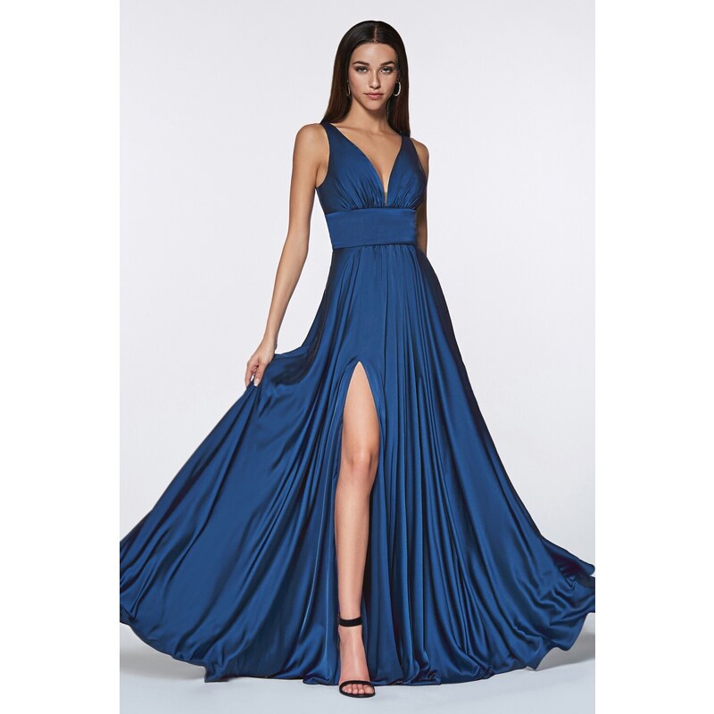 Dress by COOL Modré saténové šaty s rozparkem