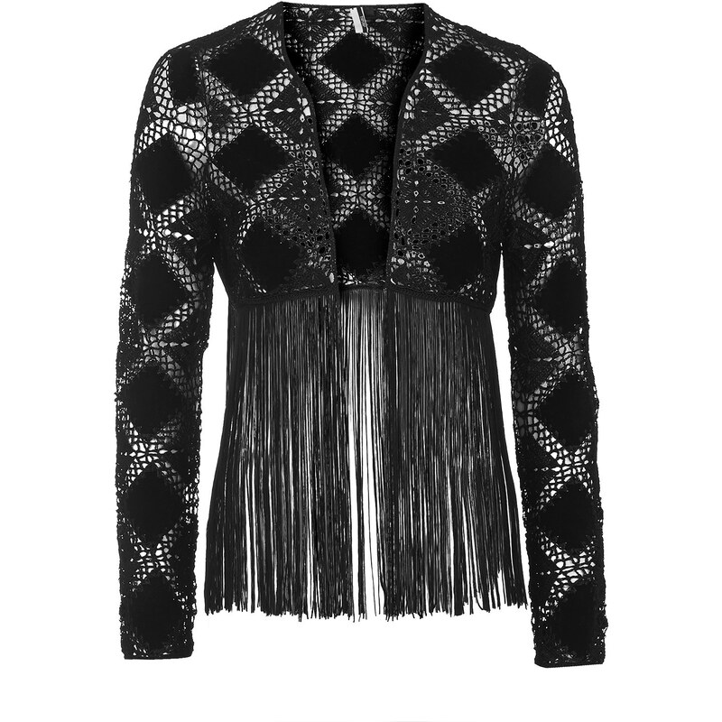 Topshop Crochet Suede Fringe Cardigan