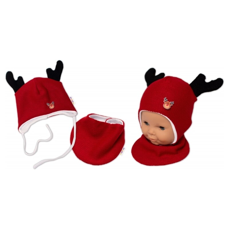Baby Nellys Pletená dvouvrstvá čepice s šátkem Sobík, červená/bílá Velikost koj oblečení: 56-62 (0-3m)