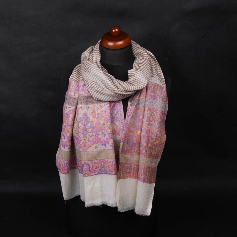 Pranita Kašmírská vlněná pašmína Khani Jamavar exclusive smetanovo-tmavě hnědo-růžová