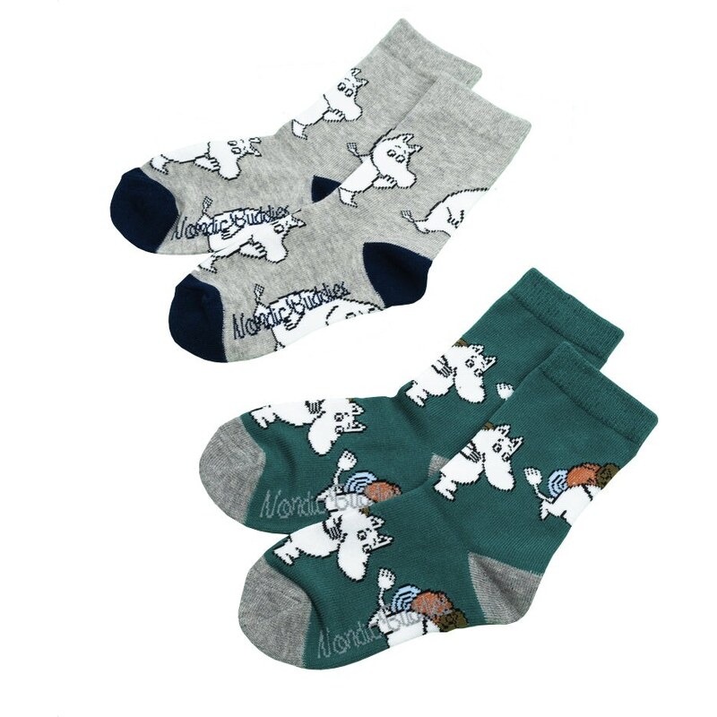 NordicBuddies Finsko Dětské ponožky Moomin grey green 2-pack 37-39