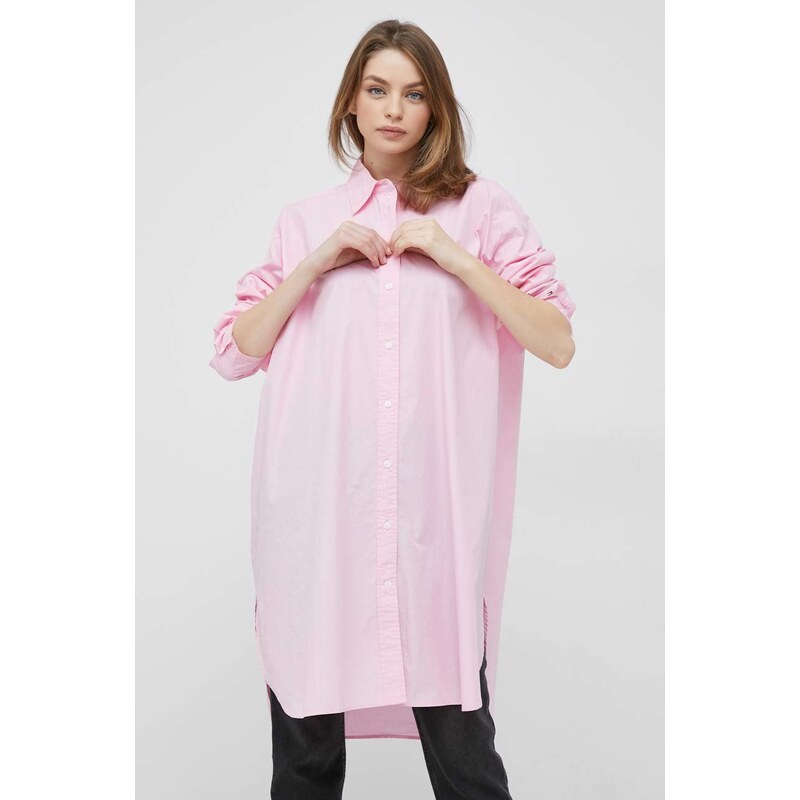 Bavlněné šaty Tommy Hilfiger růžová barva, mini, oversize