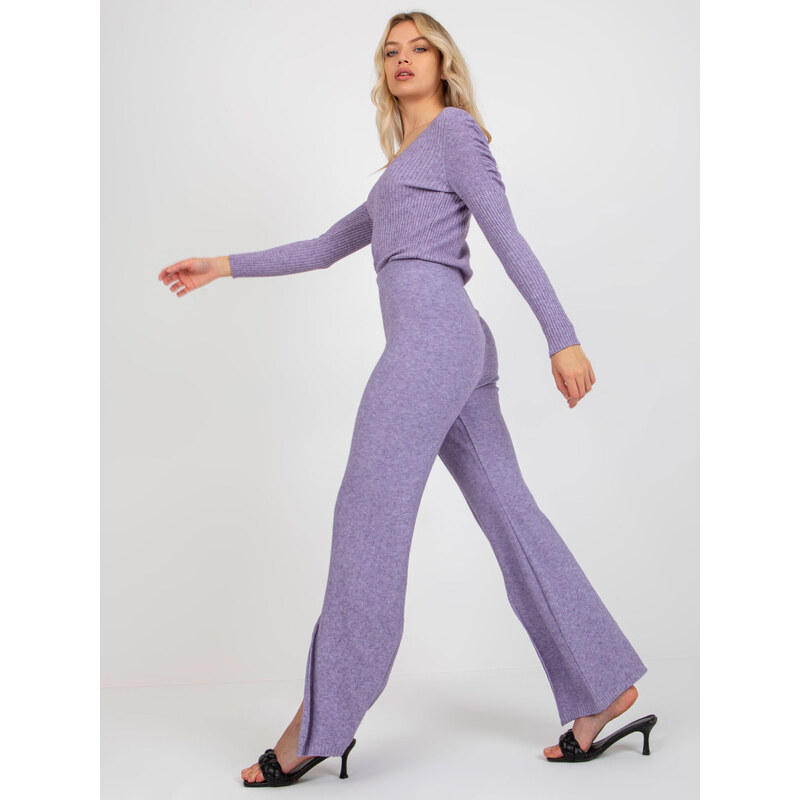 Fashionhunters Dámské fialové úpletové kalhoty s rozparkem