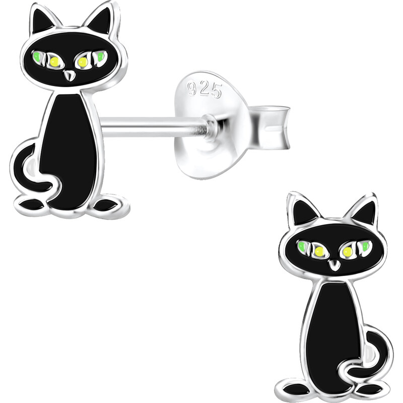 Klenoty Amber Stříbrné náušnice kočka černá