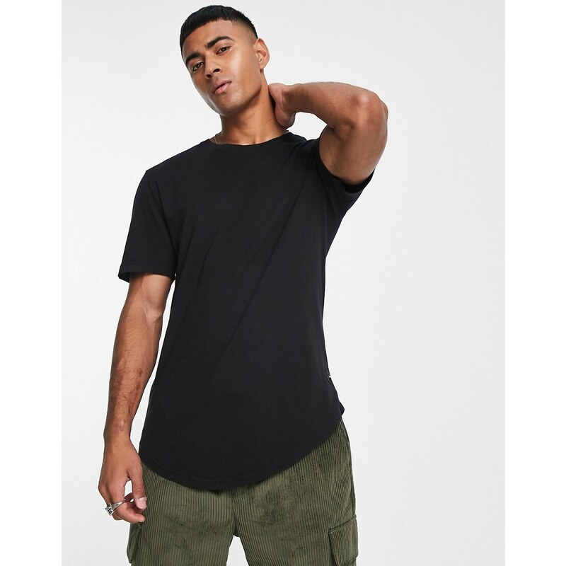 ONLY & SONS longline t-shirt with curved hem in black