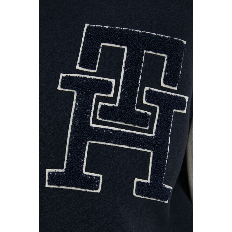 Vlněná bunda Tommy Hilfiger tmavomodrá barva, přechodná